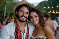 Young Hispanic couple at outdoor summer festival, man wearing straw hat and floral scarf, woman with natural curly hair in strapless dress, both smiling warmly at camera.