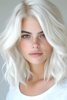 Young Caucasian woman with platinum blonde wavy hair and natural makeup looking directly at camera against light background, wearing white top. Soft beauty portrait.