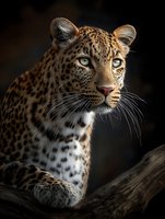 Majestic leopard portrait with piercing green eyes and spotted coat resting on wooden branch against dark background for wildlife and nature projects.