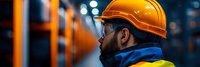 Industrial worker in safety helmet and high-visibility vest working in warehouse facility with blurred background lighting for workplace safety concepts.