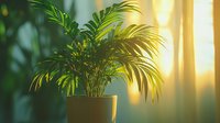 Lush areca palm in ceramic pot against sunlit window with golden light streaming through sheer curtains, creating peaceful home interior atmosphere.