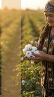 Senior farmer woman holding fresh cotton bolls in agricultural field during golden hour sunset harvest season.