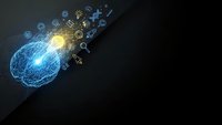Digital brain with glowing neural networks and floating tech icons representing artificial intelligence, machine learning and innovation on dark background.