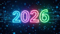Glowing neon 2026 numbers in vibrant colors against dark digital background with bokeh lights and data streams for New Year celebration designs.
