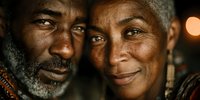 Elderly African couple sharing intimate moment with warm lighting and genuine smiles showing love and connection in golden hour portrait for relationship content.
