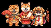 Cute dogs in traditional Asian red clothing holding festive decorations, isolated on transparent background. Ready for t-shirt design, clipart, stickers, print-on-demand products, and sublimation projects.