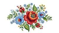 Folk art embroidery floral bouquet with red poppy and blue flowers on white background. Traditional decorative botanical design for textile crafts.