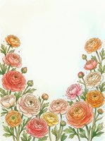 Watercolor ranunculus flowers frame border with coral pink orange blooms and green leaves on cream background for wedding invitations and spring designs.