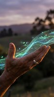Hand holding holographic data visualization with green charts and graphs floating above palm against sunset mountain landscape background.