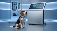 Futuristic dog training center with beagle wearing high-tech collar next to digital display screen in modern blue-lit facility for pet technology concepts.