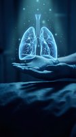 Holographic lungs floating above open palm in blue medical technology concept for respiratory health care and pulmonology research applications.