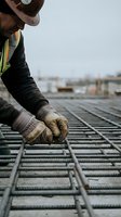 Construction worker in brown hard hat and safety vest positioning steel reinforcement bars on concrete foundation at job site. Worker wearing work gloves handling rebar mesh.
