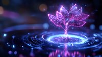 Glowing purple lotus flower emerging from rippling water surface with magical sparkles and light effects, creating mystical atmosphere against dark background.