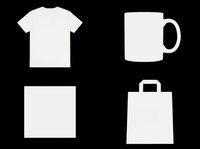 Blank mockup set with t-shirt, mug, square card, and tote bag isolated on transparent background, ready for print on demand, sublimation, and branding design use.