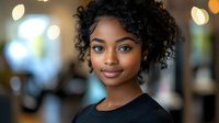 Young African American woman with curly hair and natural makeup smiling softly against blurred bokeh background, wearing black top for professional headshot.