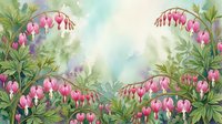 Watercolor bleeding heart flowers framing a soft pastel background, pink Lamprocapnos blooms on arching stems with lush green foliage.