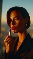 Elegant woman with short bob haircut holding red lipstick at sunset, warm golden light illuminating her face against blurred city backdrop.