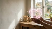 A person with dark skin tone holds a glowing neon heart sign near a sunny window with potted plants, creating a warm, romantic atmosphere for love, wellness, and home decor concepts.