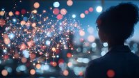 Young African American woman silhouetted against glowing network visualization with bokeh lights, representing digital connectivity and future technology advancement.