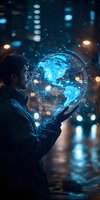 Young Asian man interacting with glowing blue holographic Earth projection against dark urban background with bokeh lights, representing digital transformation.