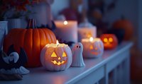 Glowing carved pumpkins and festive Halloween decorations arranged on white shelf with candlelight creating spooky atmospheric mood for autumn celebration.