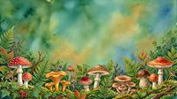 Watercolor forest floor scene with red and orange mushrooms, ferns, and woodland plants against soft green and blue background, suitable for nature illustrations, children's books, and botanical designs.