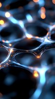 Abstract macro photography of soap bubbles with glowing orange and blue highlights creating ethereal patterns against dark background. Artistic composition for modern decor.