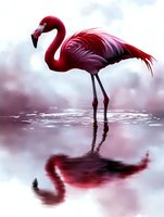 Majestic red flamingo standing in still water with mirror reflection against misty pink and white background, creating ethereal atmosphere in natural setting.