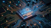 Advanced SEO optimization microchip on futuristic circuit board with glowing pathways for digital marketing and search engine technology concepts.