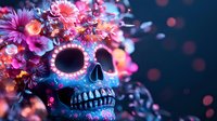 Decorative skull adorned with vibrant pink flowers and glowing neon details against dark background, featuring mystical bokeh lights and intricate floral arrangements.