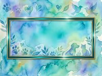 Watercolor pet frame with paw prints, hearts, birds, and foliage in turquoise, purple, and yellow tones. Isolated design element ready for pet business branding, greeting cards, and animal-themed projects.