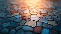 Mosaic pattern of irregular stone shapes with dramatic lighting creating depth and texture, featuring teal blue and copper tones in abstract geometric composition.