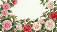 Watercolor camellia flowers border with pink, red and white blooms and green leaves on light background, copy space for text.