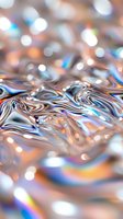 Abstract liquid chrome surface with rainbow reflections and bokeh lights creating flowing metallic waves for modern digital art and luxury design backgrounds.