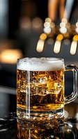 Fresh draft beer with foam in glass mug on bar counter with blurred tap background and bokeh lights, close up view showing bubbles and golden color.