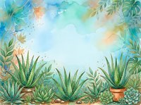 Watercolor succulent garden frame with aloe vera plants in terracotta pots, tropical leaves border on soft blue background for botanical design projects.