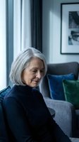Elegant senior Caucasian woman with silver hair sitting in modern living room with natural light from window. Mature lifestyle and aging gracefully concept.