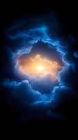 Dramatic night sky with glowing light breaking through dark storm clouds, creating ethereal atmosphere with contrasting blue and golden colors. Perfect for spiritual themes.