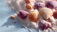 Colorful seashells scattered on white sand beach with sea foam and gentle waves creating peaceful coastal scene for summer vacation concepts.