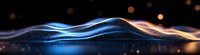 Glowing blue and orange light waves flow across dark background with bokeh particles, creating futuristic abstract motion effect for technology designs.