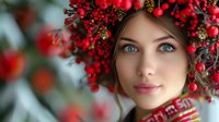 Young woman with bright blue eyes wearing red berry wreath crown against blurred winter background, natural makeup and serene expression creates festive holiday mood.
