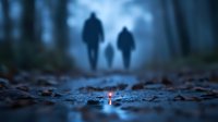 Mysterious silhouettes of three people walking in foggy forest at dusk with glowing red light in foreground creating eerie atmospheric scene.