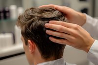 Professional hairstylist hands working on short brown hair cut in modern barbershop salon, close-up view of precise styling technique and grooming service.
