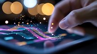 Finger touching digital screen with glowing abstract waves and bokeh lights in purple and blue colors, modern technology concept for mobile apps and interfaces.