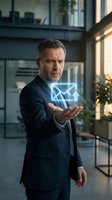 Middle-aged Caucasian male businessman in dark suit holding glowing email icon in modern office environment with windows and plants, representing digital communication and corporate messaging.