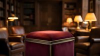 Luxurious burgundy velvet ottoman with brass trim in elegant library setting with warm ambient lighting and leather furniture creating cozy atmosphere.