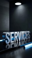 Metallic SERVICES text on dark reflective surface with blue neon light accent, dramatic studio lighting for business and corporate design concepts.
