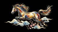 Galloping horse in colorful Asian art style with gold accents and cherry blossoms, isolated on transparent background, ready for t-shirts, stickers, and print on demand.