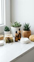 Natural spa wellness setup with succulents, essential oils, handmade soap and cotton pads on white bathroom counter for organic skincare routine.