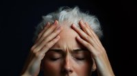 Mature woman with silver hair experiencing headache or stress, eyes closed and hands pressed against temples on dark background, emotional portrait.